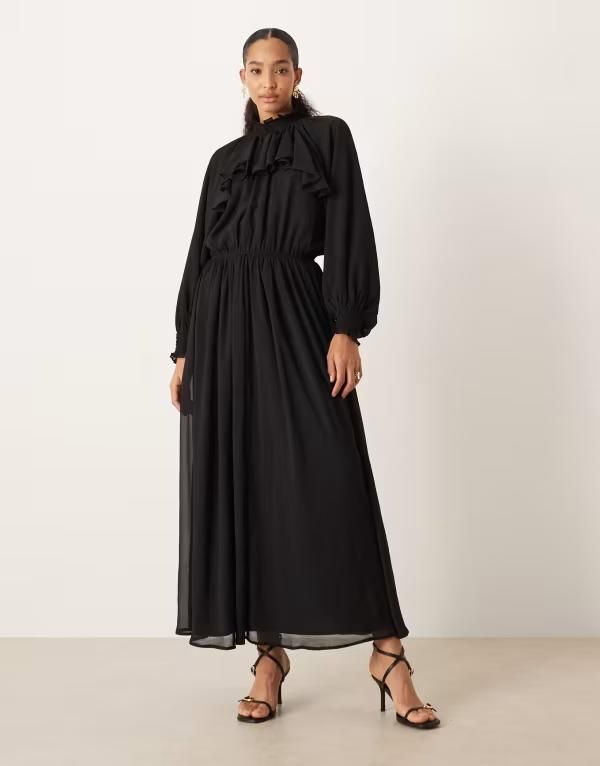 エイソス レディース トップス ワンピース シフォン ハイネック マキシワンピース フリル マキシ ASOS DESIGN high neck ruffle detail chiffon maxi dress Black ブラック