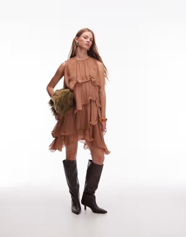 アンドアザーストーリーズ レディース トップス ワンピース シフォン ミニワンピース ミニ Other Stories floaty chiffon mini dress in mocha BROWN ブラウン 17,140円