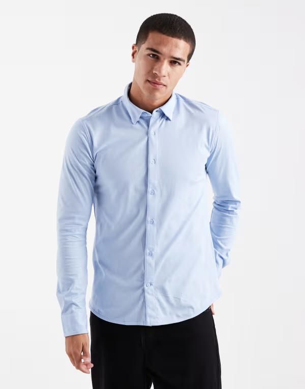 オンリーアンドサンズ メンズ トップス シャツ スリムフィット ONLY SONS slim fit long sleeve shirt with stretch in light Cash blue ブルー