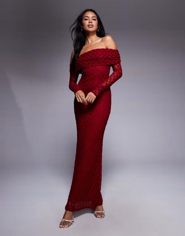 バードット レディース トップス ワンピース マキシ Bardot Adoni flocked off the shoulder long sleeve maxi dress Deep Red レッド