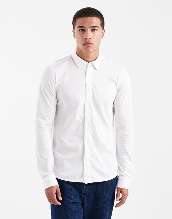 オンリーアンドサンズ メンズ トップス シャツ スリムフィット ONLY SONS slim fit long sleeve shirt with stretch Bright White ホワイト