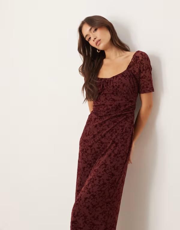 エイソス レディース トップス ワンピース ミディ レース ASOS DESIGN lace devore puff sleeve midi tea dress Burgundy バーガンディ
