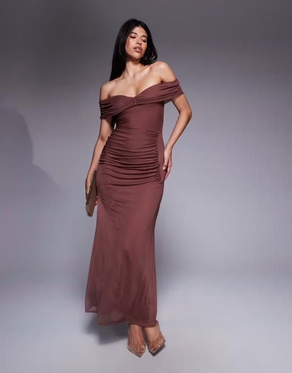 エイソス レディース トップス ワンピース マキシワンピース ギャザー マキシ ASOS DESIGN off shoulder ruched maxi dress in chestnut Brown ブラウン