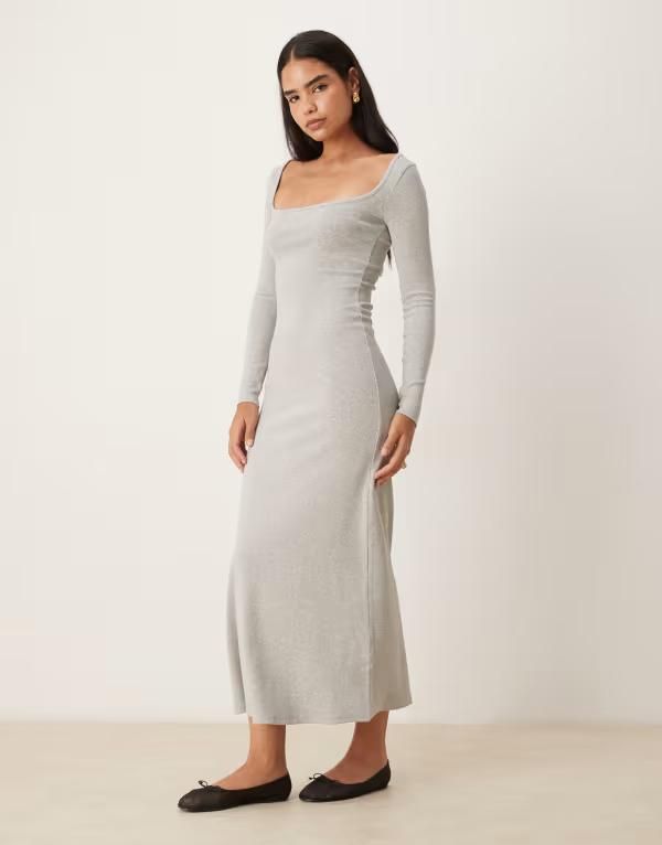 エイソス レディース トップス ワンピース マキシワンピース リブ マキシ ASOS DESIGN ribbed square neck maxi dress Gray グレー
