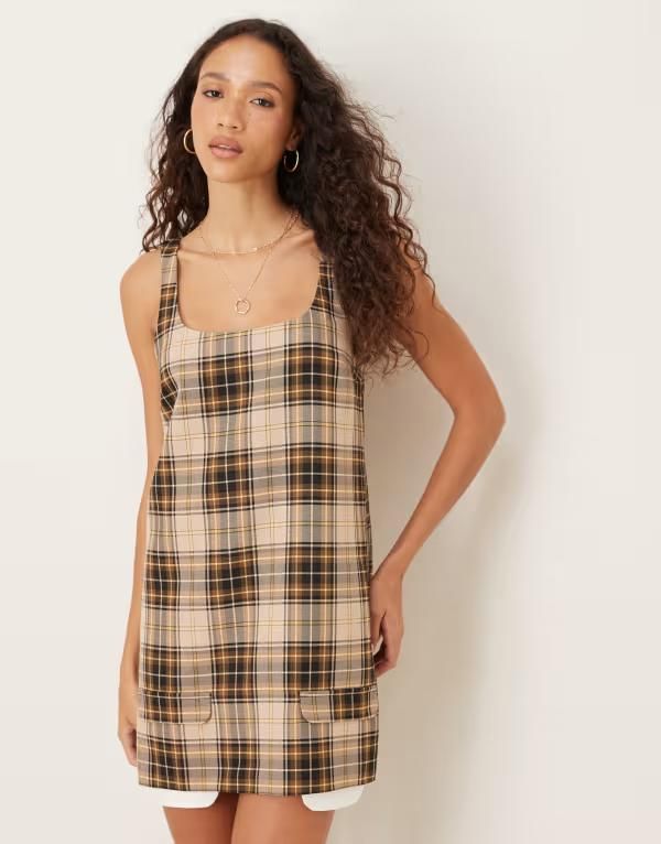 エイソス レディース トップス ワンピース ミニ ASOS DESIGN scoop neck mini shift dress in chocolate check Chocolate Check チョコレート