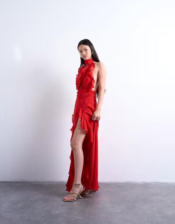 トップショップ レディース トップス ワンピース フリル マキシ Topshop deep plunge ruffle maxi gown Red レッド