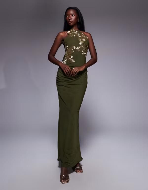 エイソス レディース トップス ワンピース マキシワンピース フラワー柄 マキシ フラワー ホルター ASOS DESIGN halterneck maxi dress with 3D floral embellishment in olive GREEN グ