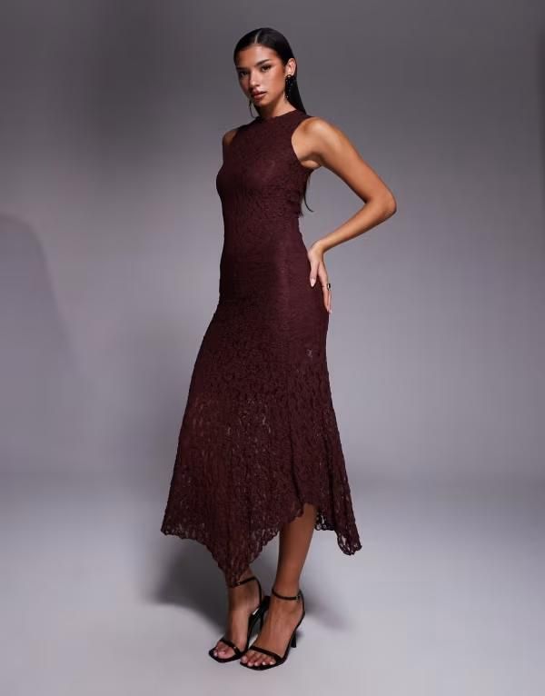 エイソス レディース トップス ワンピース ミディワンピース ミディ ノースリーブ レース ASOS DESIGN lace sleeveless column midi dress in chocolate Chocolate チョコレート