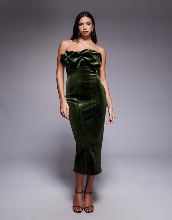エイソス レディース トップス ワンピース ミディワンピース フリル ミディ ベルベット ASOS DESIGN bonded velvet bandeau structured midi dress with ruffle bodice detail Kha