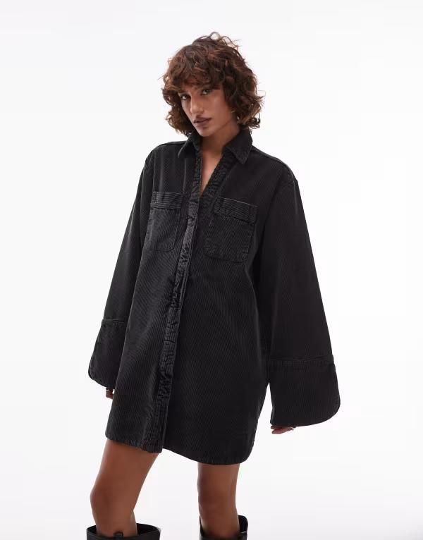 エイソス レディース トップス ワンピース シャツワンピース ミニ シャツ ASOS DESIGN cord mini shirt dress with wide cuffs and oversized pockets in washed Washed Bla