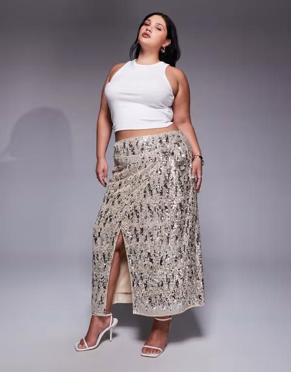 エイソス レディース ボトムス スカート ミディ スパンコール ASOS Curve ASOS DESIGN Curve mixed sequins wrap midi skirt in champagne Champagne シャンパン