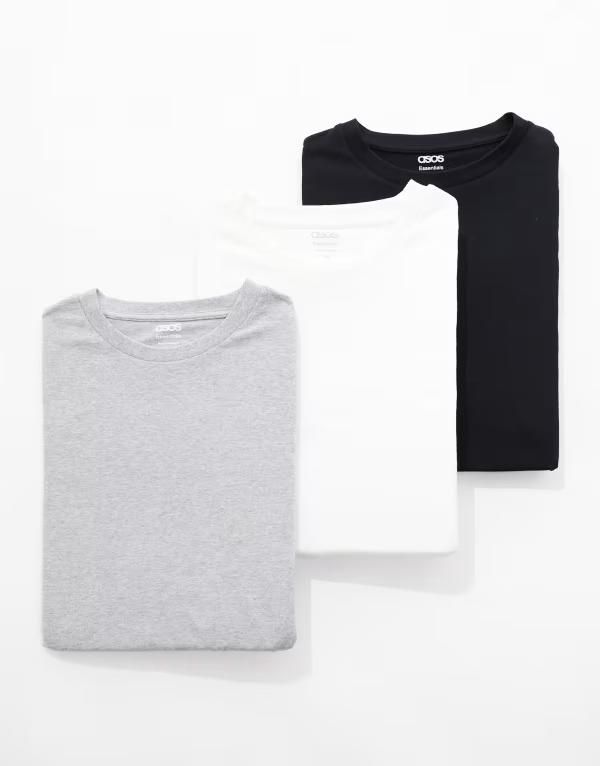 エイソス メンズ トップス Tシャツ クルーネック シャツ ASOS DESIGN Essentials 3 pack crew neck tshirts in heather gray black and Blackwhitegray ホワイト
