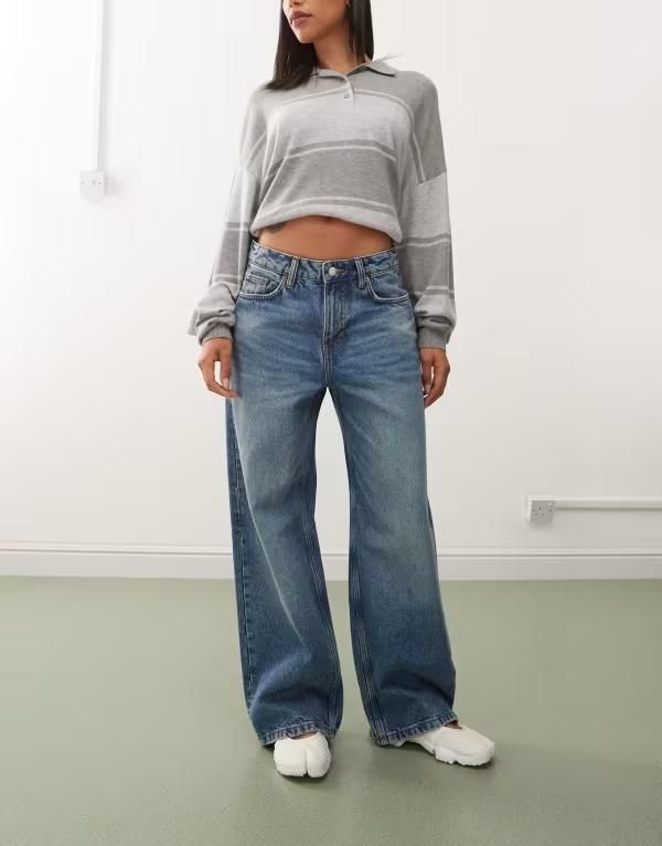 ウィークデイ レディース ボトムス デニムパンツ ジーンズ Weekday Missy low waist loose fit jeans in dark blue wash with green tint Mountain blue ブルー
