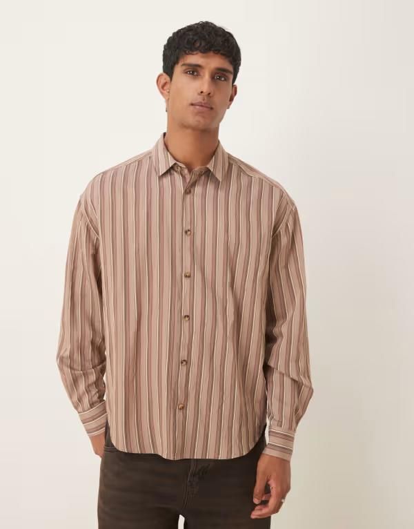 エイソス メンズ トップス シャツ ASOS DESIGN 90s oversized shirt stripes BROWN ブラウン