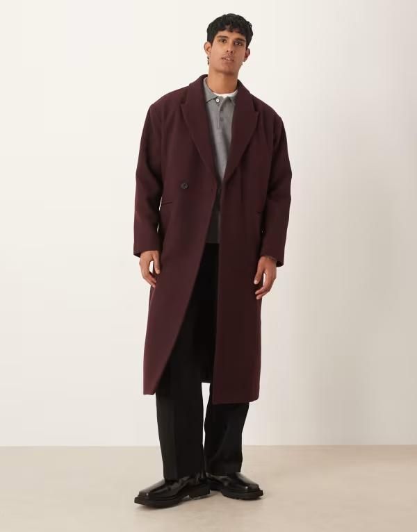 エイソス メンズ アウター コート ウール ASOS DESIGN oversized longline overcoat in wool blend Burgundy バーガンディ 25,776円