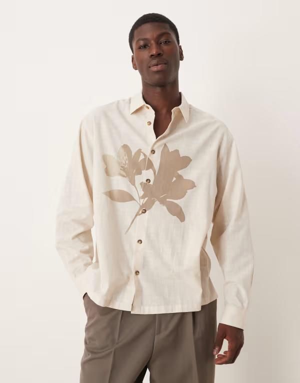 エイソス メンズ トップス シャツ プリント レース ASOS DESIGN boxy oversized shirt with placement print BEIGE ベージュ