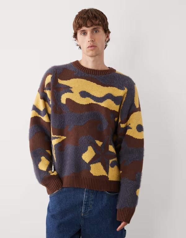 コルージョン メンズ アウター パーカー・スウェット セーター ニット COLLUSION knit camo boxy sweater and yellow Multi マルチカラー 14,414円