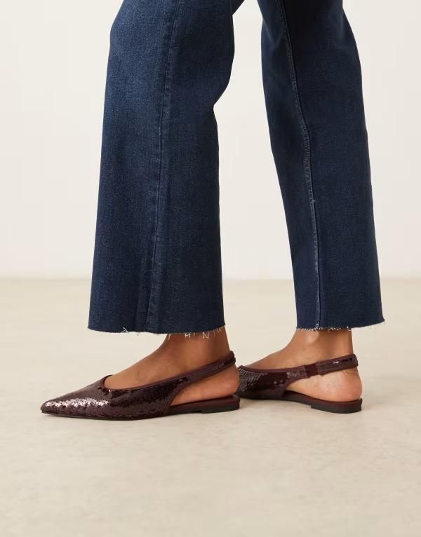 エイソス レディース シューズ パンプス スパンコール ASOS DESIGN Linford slingback ballet flats sequins Burgundy sequin バーガンディ