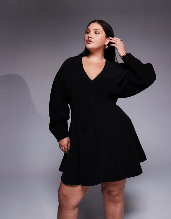 エイソス レディース トップス ワンピース コーデュロイ ミニワンピース ミニ ASOS Curve ASOS DESIGN Curve cocoon sleeve corduroy mini dress Black ブラック