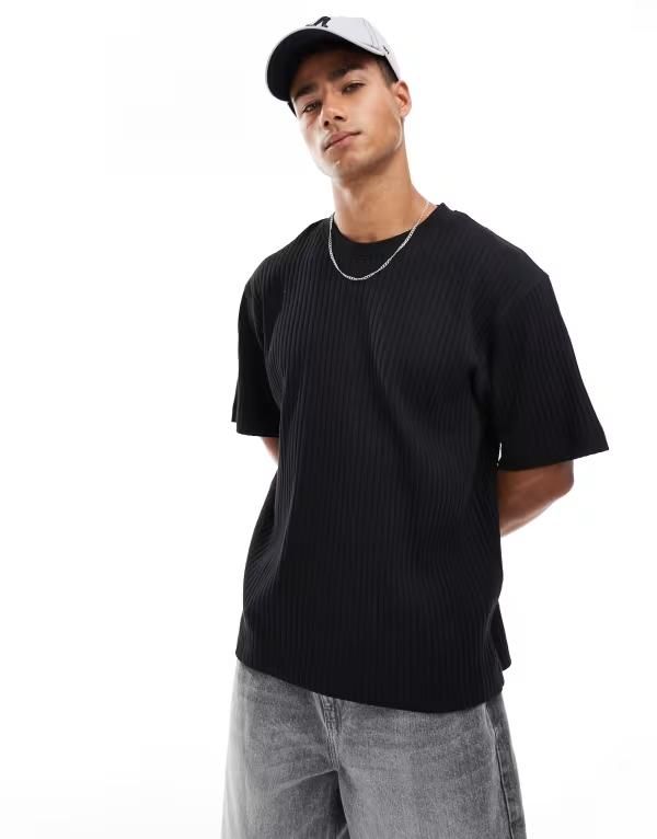 ジャック アンド ジョーンズ メンズ トップス Tシャツ ニット Jack Jones knit oversized tshirt Black ブラック