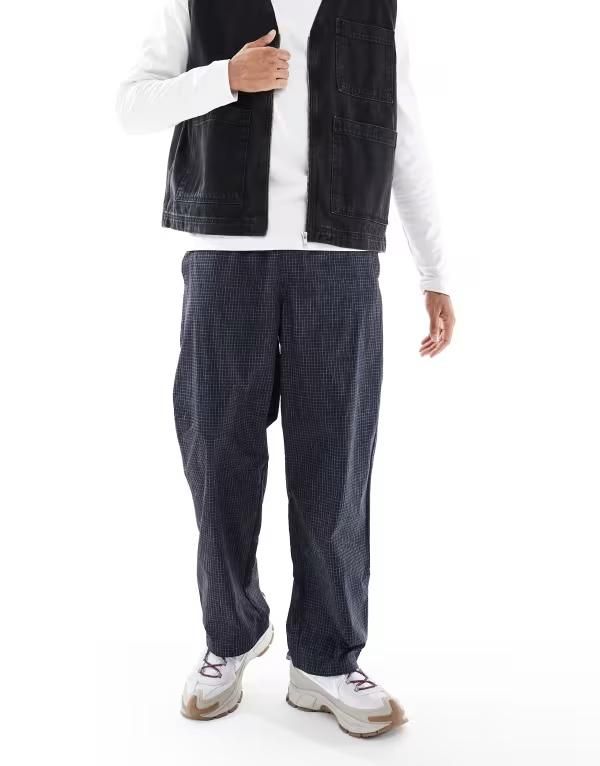 エイソス メンズ ボトムス カジュアルパンツ パンツ ASOS DESIGN baggy pull on pants plaid NAVY ネイビー
