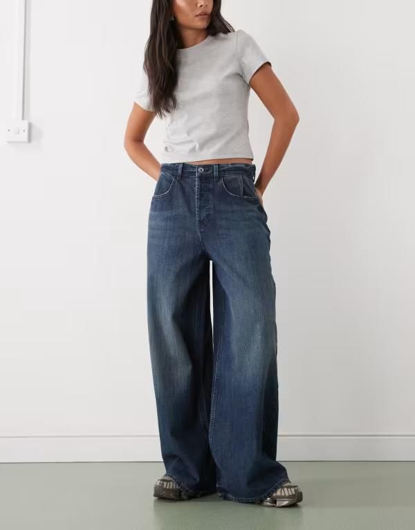コルージョン レディース ボトムス デニムパンツ ローライズ ジーンズ COLLUSION X007 XL baggy low rise jeans in grunge slubby mid wash NAVY ネイビー