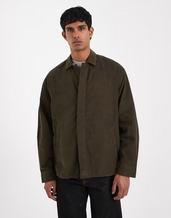 エイソス メンズ トップス シャツ コーデュロイ ASOS DESIGN corduroy overshirt with concealed buttons in dark khaki GREEN グリーン