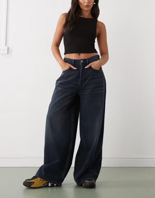 コルージョン レディース ボトムス デニムパンツ ローライズ ジーンズ COLLUSION X007 XL baggy low rise jeans in grunge dark blue wash DARK NAVY ネイビー