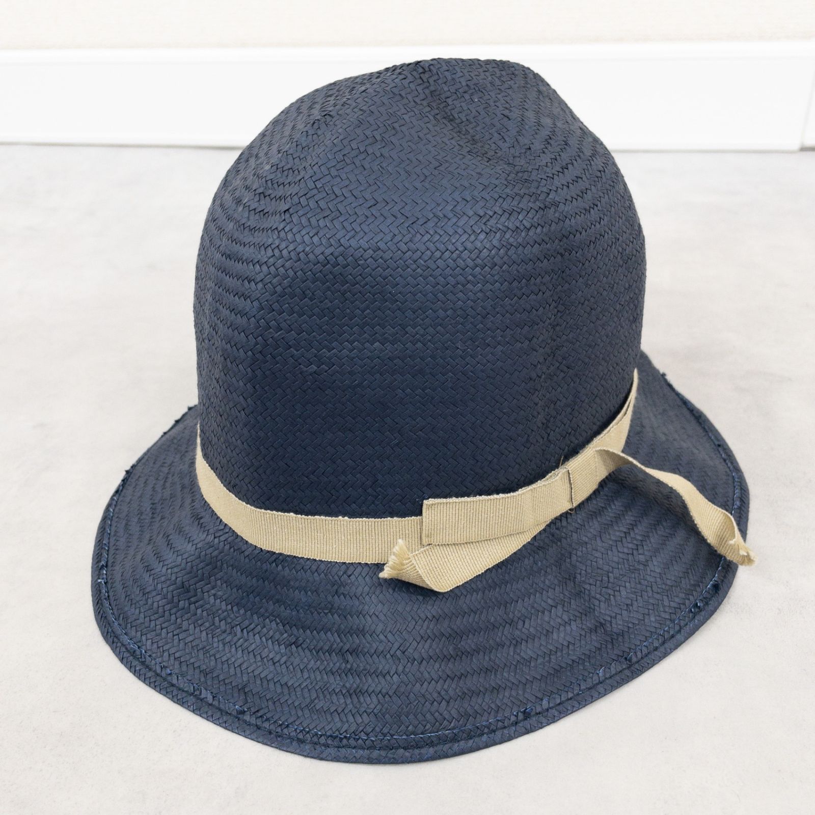 Borsalino ボルサリーノ ペーパーハット リボン 折り畳み ネイビー イタリア製 レディース L b00649