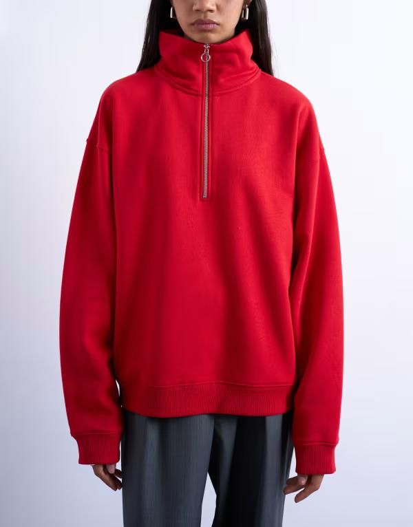 トップショップ レディース アウター パーカー・スウェット ハーフジップ Topshop quarter zip sweat RED レッド