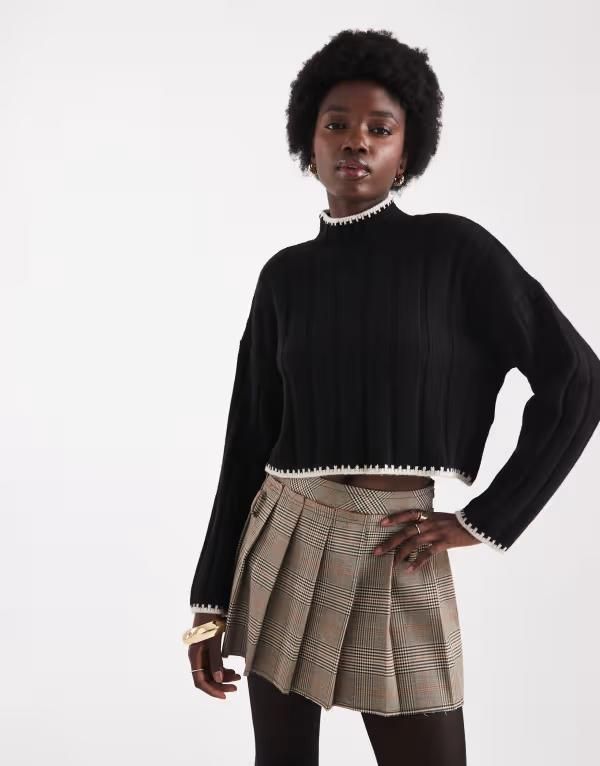 オンリー レディース アウター ニット・セーター セーター コントラスト クロップド ニット ONLY contrast trim knit cropped sweater Black ブラック