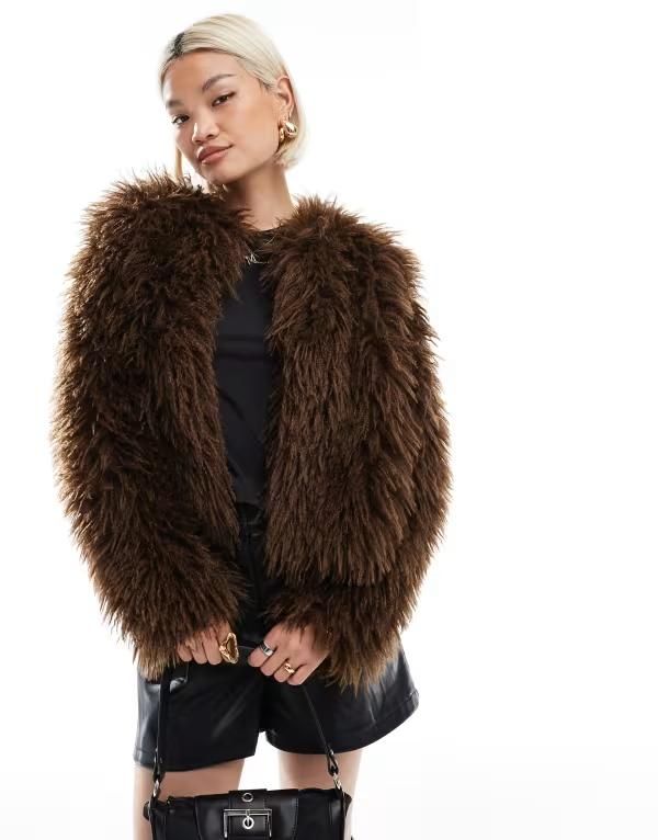 スリードベア レディース アウター ジャケット・ブルゾン ジャケット Threadbare faux shearling fur jacket in chocolate CHOCOLATE BROWN ブラウン