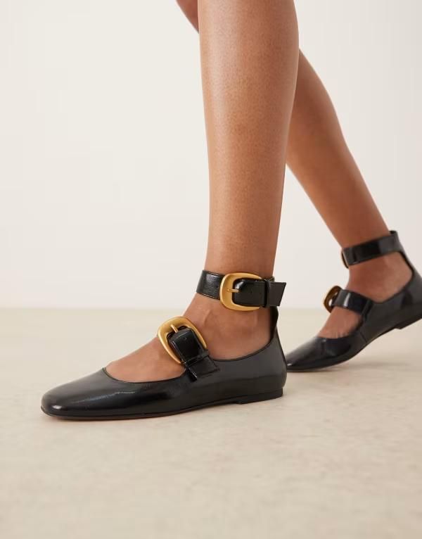 エイソス レディース シューズ パンプス ASOS DESIGN Lorna oversized buckle mary jane ballet flats BLACK PU ブラック