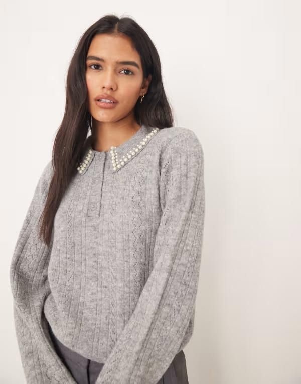 ジェイディーワイ レディース アウター ニット・セーター セーター JDY faux pearl trim collared sweater Gray グレー 15,036円