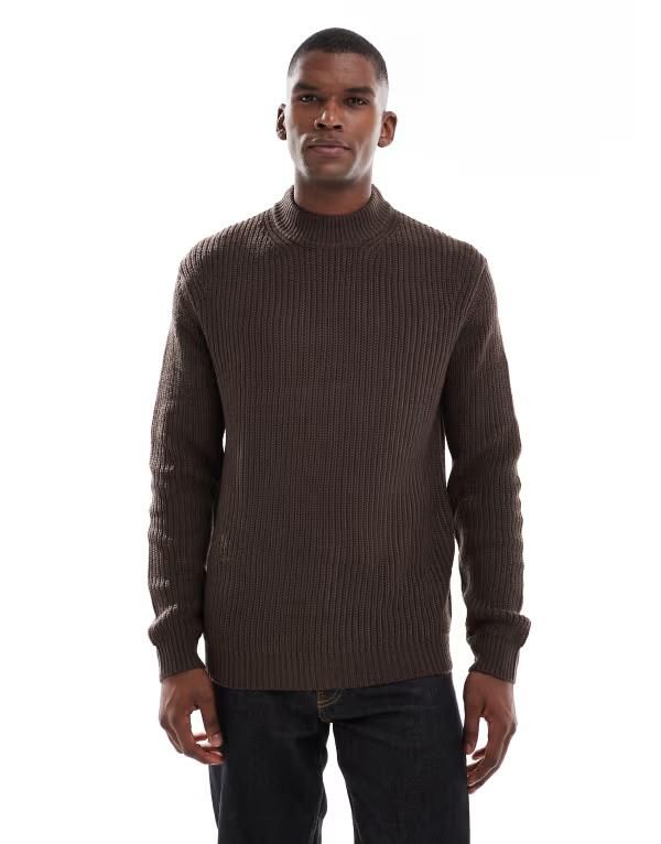 ブレーブソウル メンズ アウター ニット・セーター リブニット クルーネック セーター ニット Brave Soul rib knit crew neck sweater in chocolate CHOCOLATE BROWN ブラウン