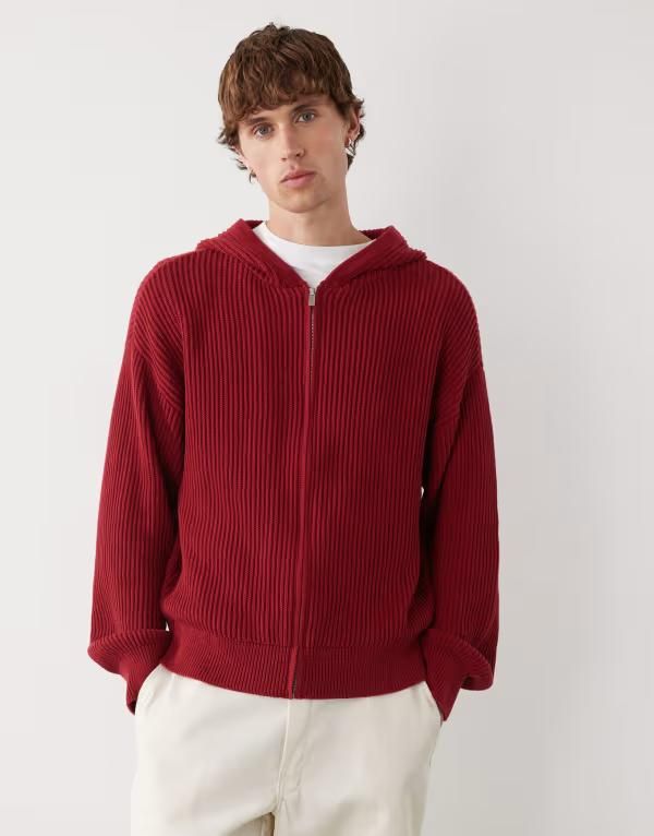コルージョン メンズ アウター ニット・セーター ニット パーカー COLLUSION knit boxy hoodie RED レッド