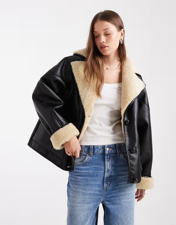 ミスセルフフリッジ レディース アウター ジャケット・ブルゾン レザー フェイクレザー ジャケット Miss Selfridge faux leather and faux fur oversized jacket Black ブラック