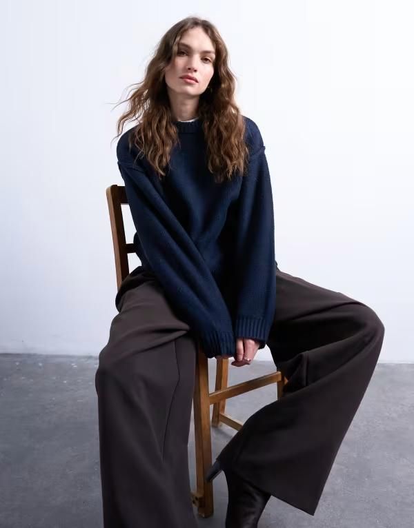トップショップ レディース アウター ニット・セーター セーター ニット Topshop knit boxy wide sleeve mid crew sweater Navy ネイビー