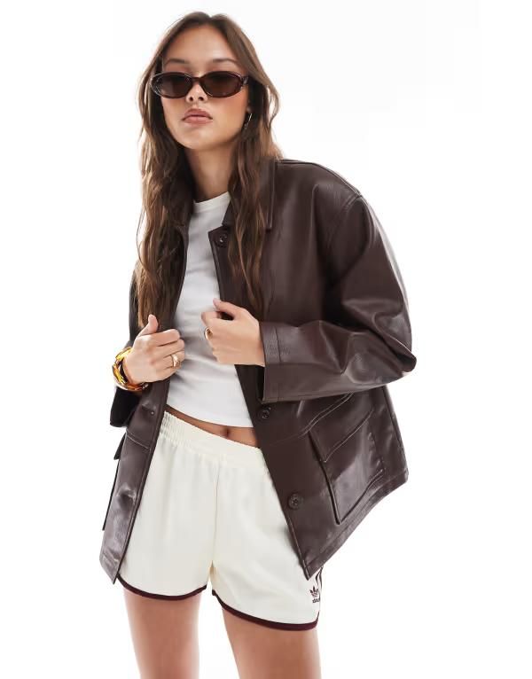エイソス レディース アウター ジャケット・ブルゾン レザー ジャケット ASOS DESIGN leather look Harrington jacket in chocolate Brown ブラウン