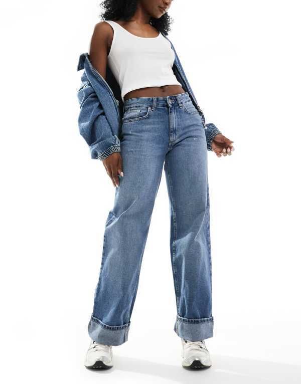 オンリー レディース ボトムス デニムパンツ ワイドレッグ ジーンズ ONLY Ella wide leg fold up jeans in mid Medium blue denim デニム 14,746円