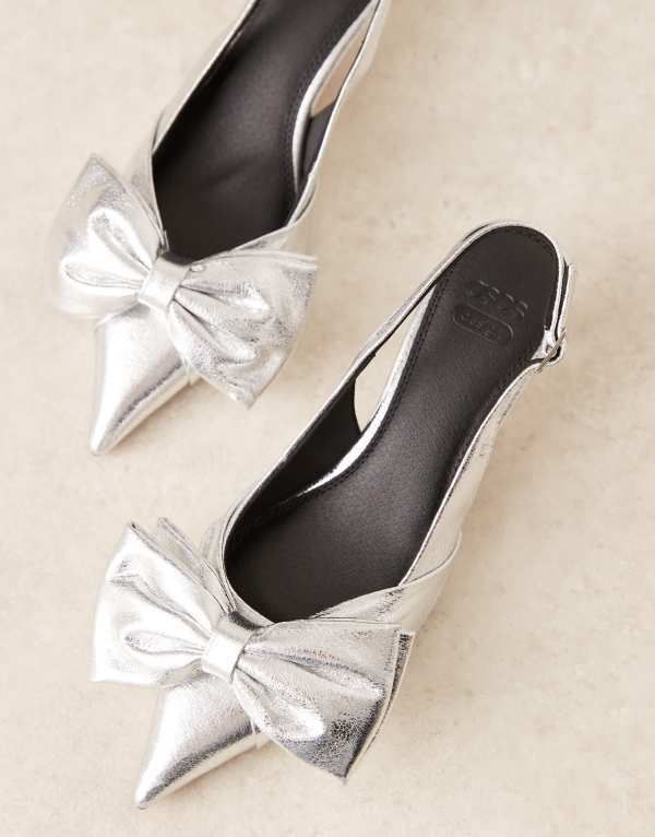 エイソス レディース シューズ ヒール ASOS DESIGN Wide Fit Secret bow slingback kitten heeled shoes SILVER シルバー
