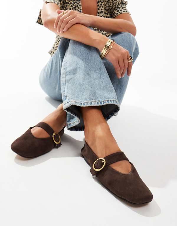 エイソス レディース シューズ パンプス レザー ASOS DESIGN Luxe Premium Leather Mary Jane ballet flats BROWN ブラウン