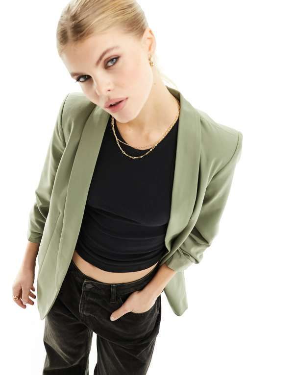 ピーシーズ レディース アウター ジャケット・ブルゾン ギャザー ブレザー Pieces ruched sleeve blazer Khaki カーキ
