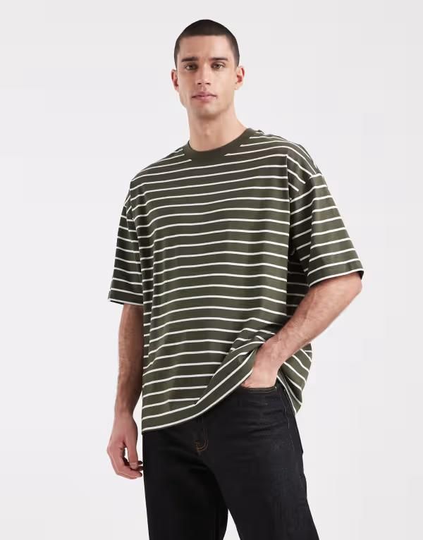 エイソス メンズ トップス Tシャツ ASOS DESIGN oversized Tshirt and ecru stripe Forest Ecru エクリュ