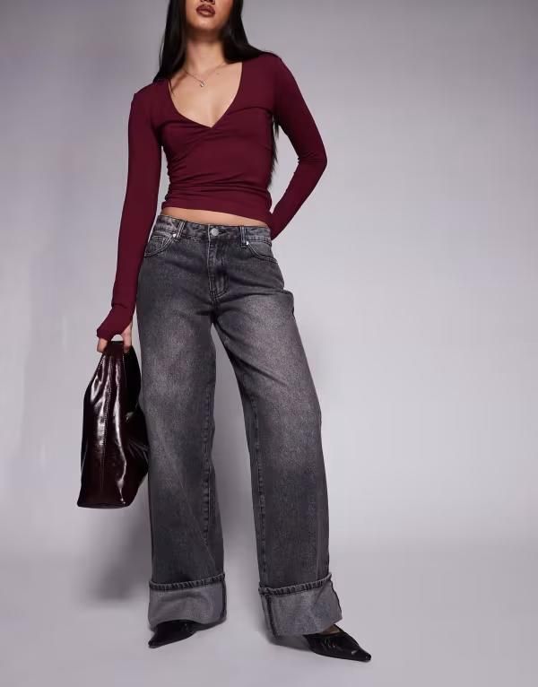 リキュールアンドポーカー レディース ボトムス デニムパンツ ミッドライズ コントラスト ジーンズ Liquor N Poker cinch midrise turn up baggy denim jeans with contrastiching in da