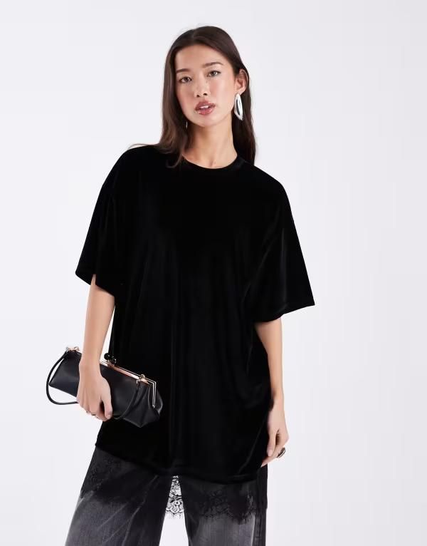 エイソス レディース トップス Tシャツワンピース レーストリム ベルベット レース ASOS DESIGN velvet lace trim tshirt dress Black ブラック