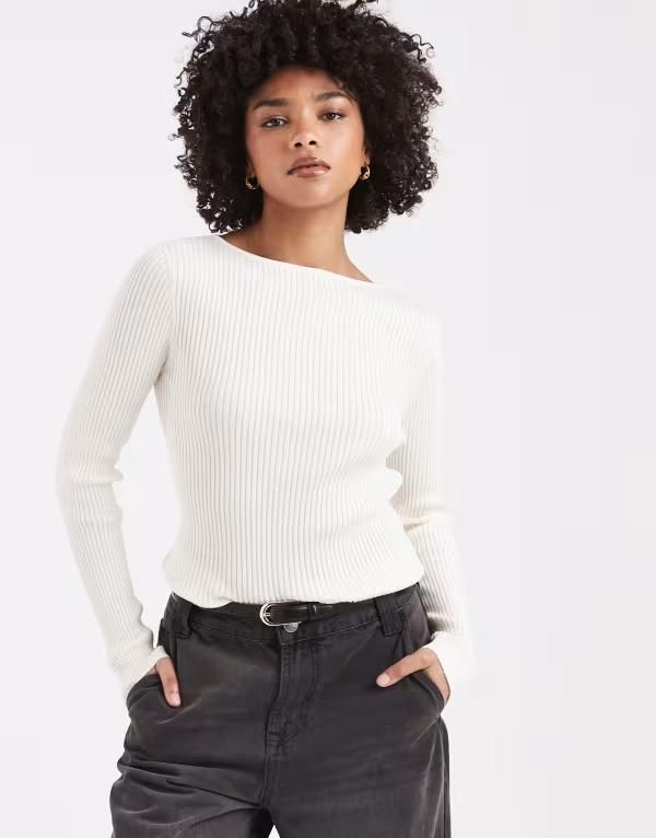 ミスセルフフリッジ レディース アウター ニット・セーター リブ Misselfridge knit ribbed slash neck long sleeve top in cream クリーム