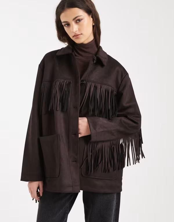 オンリー レディース アウター ジャケット・ブルゾン スエード フリンジ ONLY boho fringe detail faux suede jacket in chocolate BROWN ブラウン
