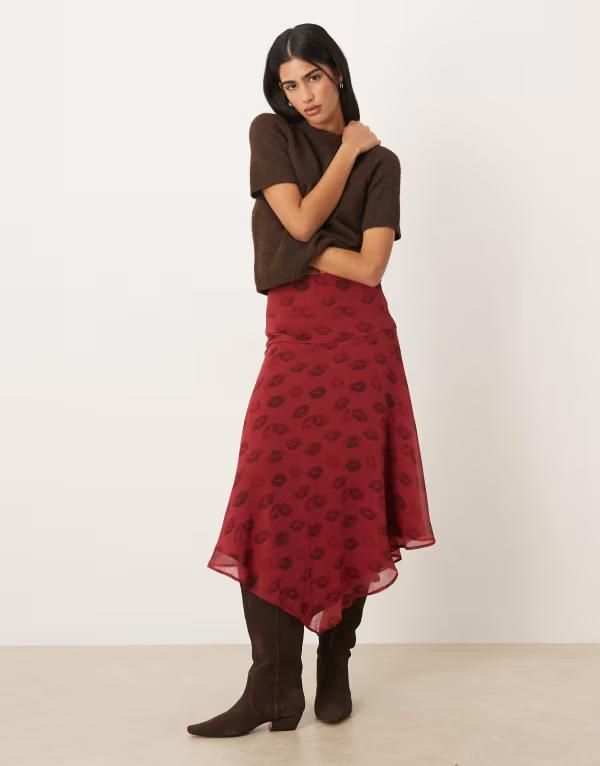 エイソス レディース ボトムスカート シフォン プリント ミディ ASOS DESIGN chiffon high low hemidi skirt in lipstick print part of a set Burgundy バーガンディ