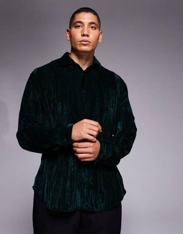 エイソス メンズ トップス シャツ ベルベット ASOS DESIGN relaxed crinkle velvet shirt in dark GREEN グリーン